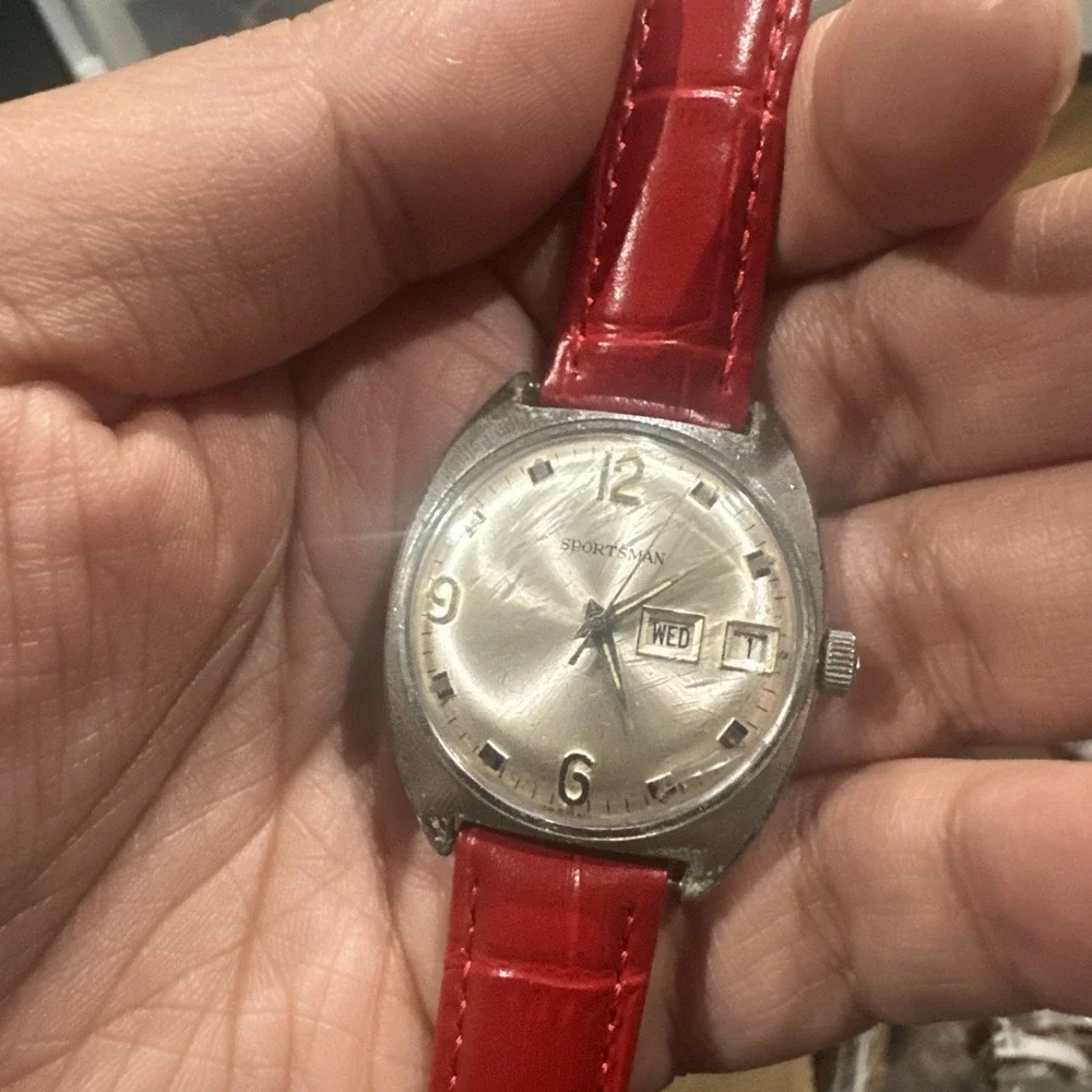 Working Vintage Sportsman Mens‎ Day Date Red Mechanical Watch Germany 34mm Fit 8